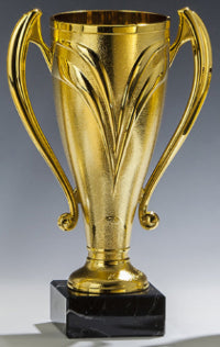 Gold trophy with two handles on a black base against a gray background