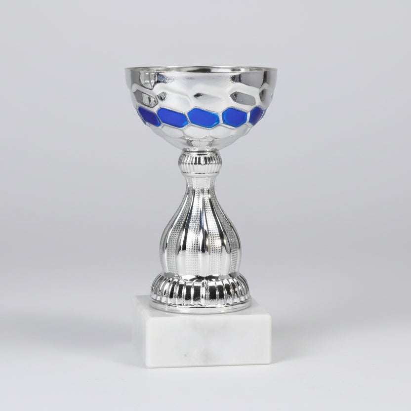 Silver trophy with blue accents on a white background