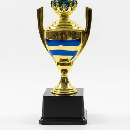 Gold trophy with blue accents on a white background