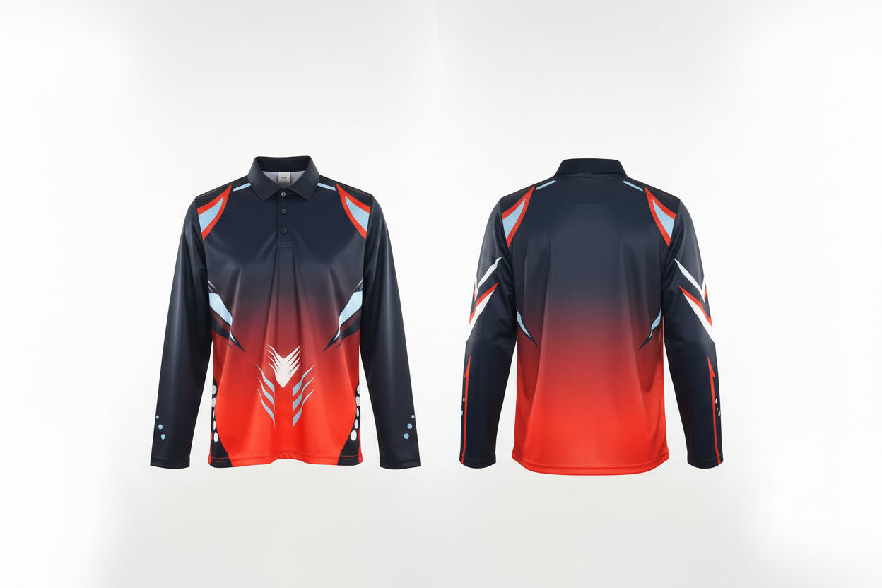 Long-sleeve shirt with a gradient design transitioning from black to red on a white background