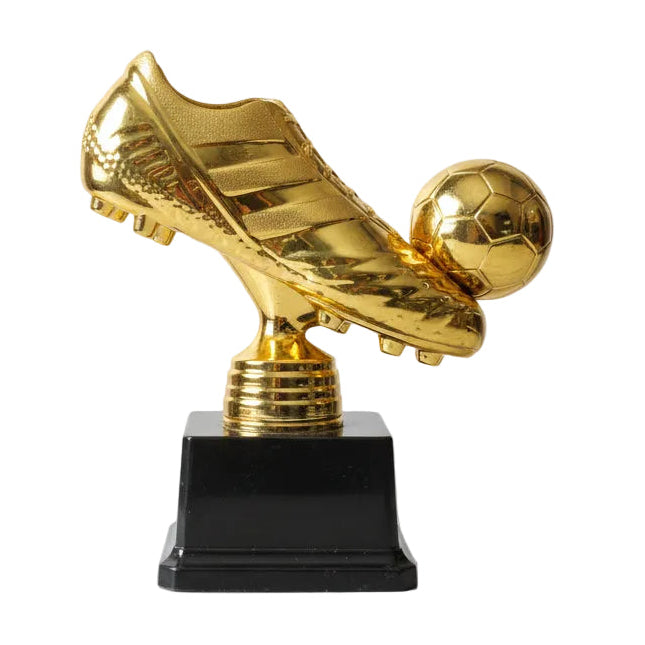 Gold soccer boot and ball trophy on a white background